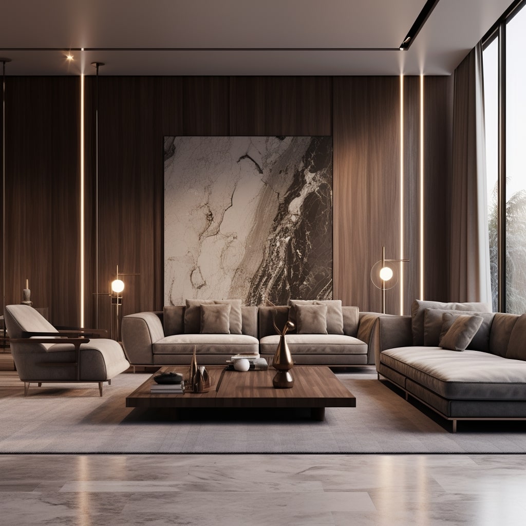 Sophisticated living area featuring velvet upholstery and marble details.

