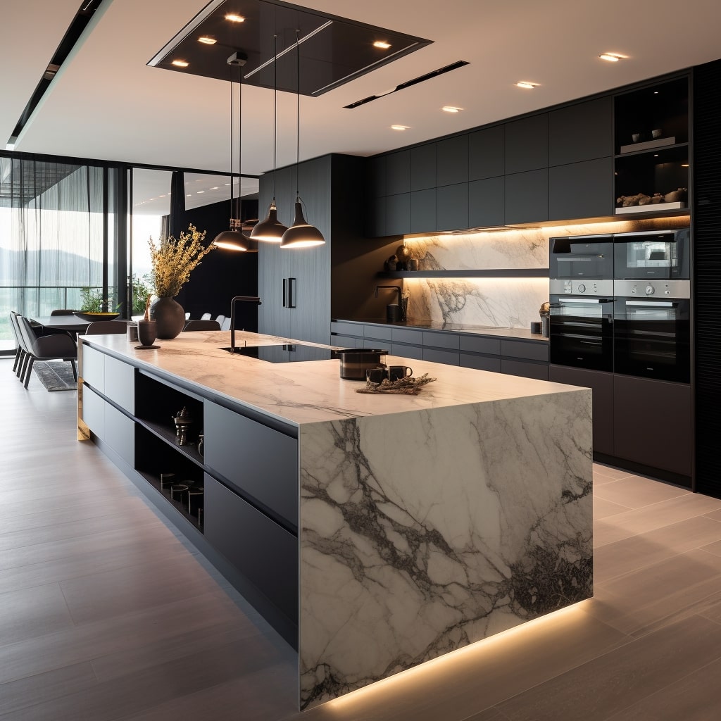 Opulent kitchen boasting a spacious breakfast bar and designer lighting.
