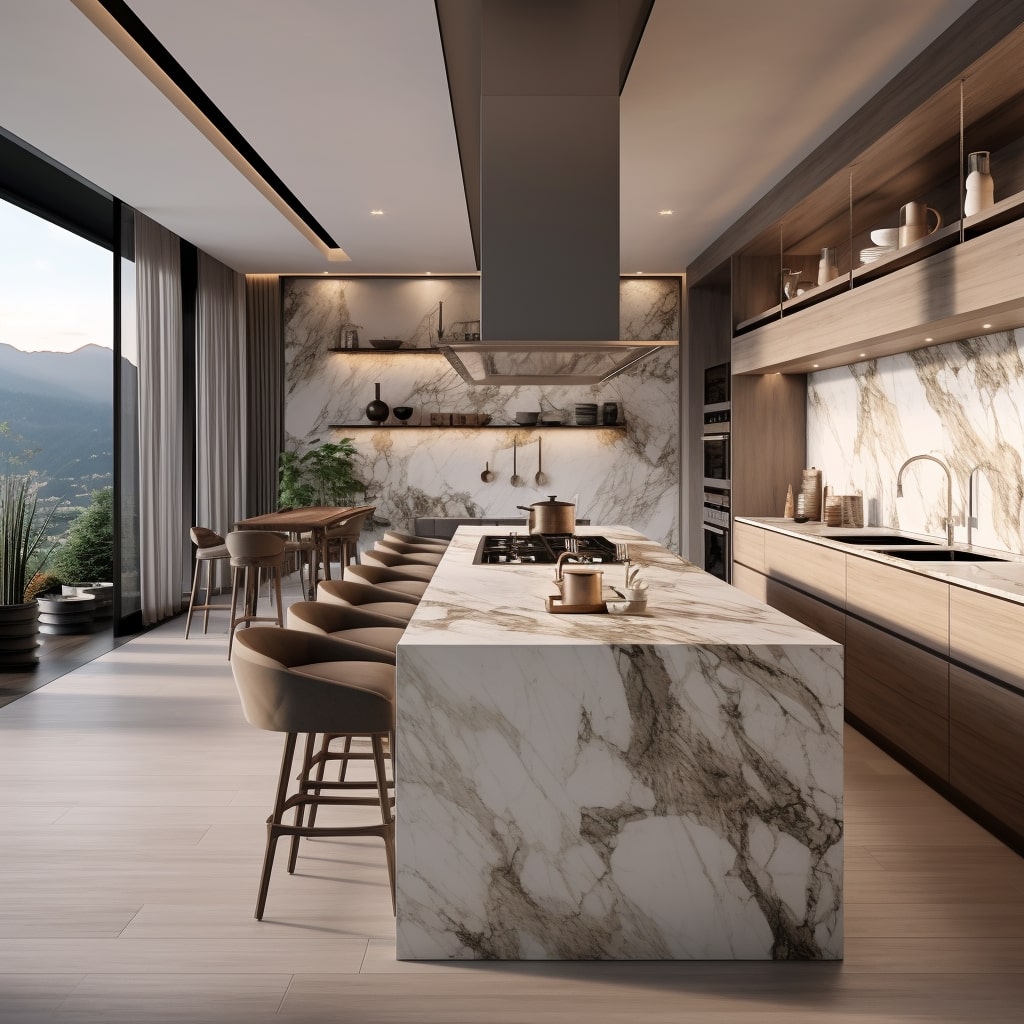 Sophisticated kitchen showcasing rare marble countertops and mosaic backsplash.
